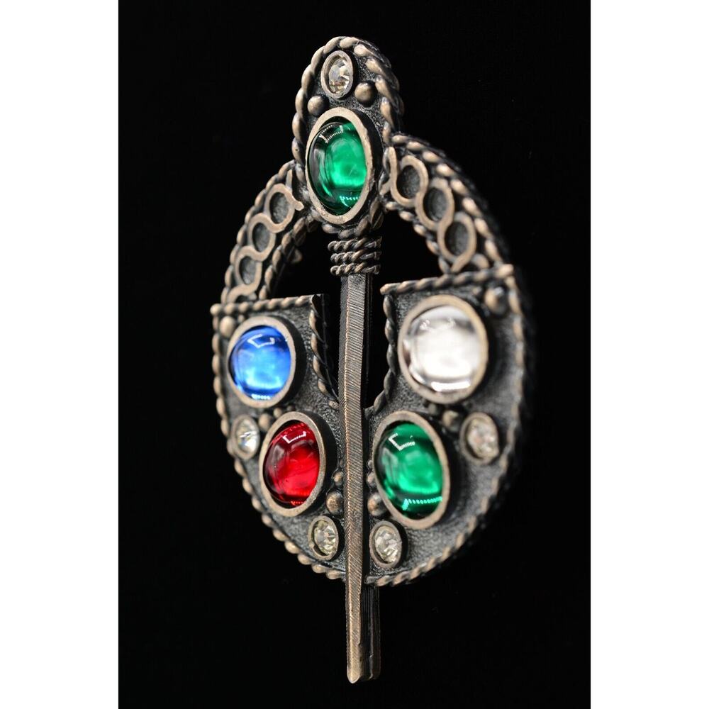 Vintage Pin Brooch Cabochon Large Heavy Celtic Ardagh Red Blue Chunky 70s BinAJ - Picture 3 of 12